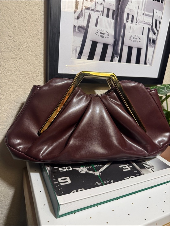 Trendy boutique Handbags - Chocolate Brown Ruched Clutch Bag Gold Geometric Handle Sculptural Handbag